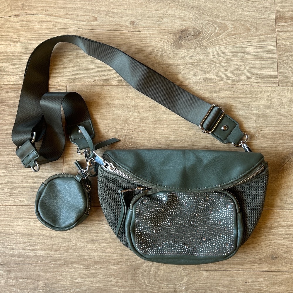 Madden NYC Olive Green Rhinestone Crossbody Fanny Pack with Coin Purse Accessory